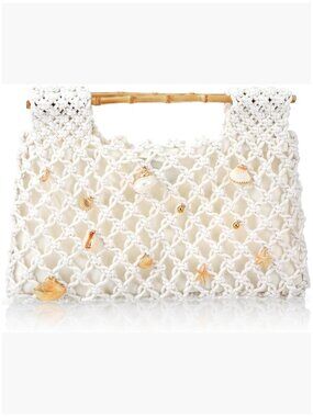 Crochet Woven Mesh Handbag with Bamboo Handles Seashell Decor